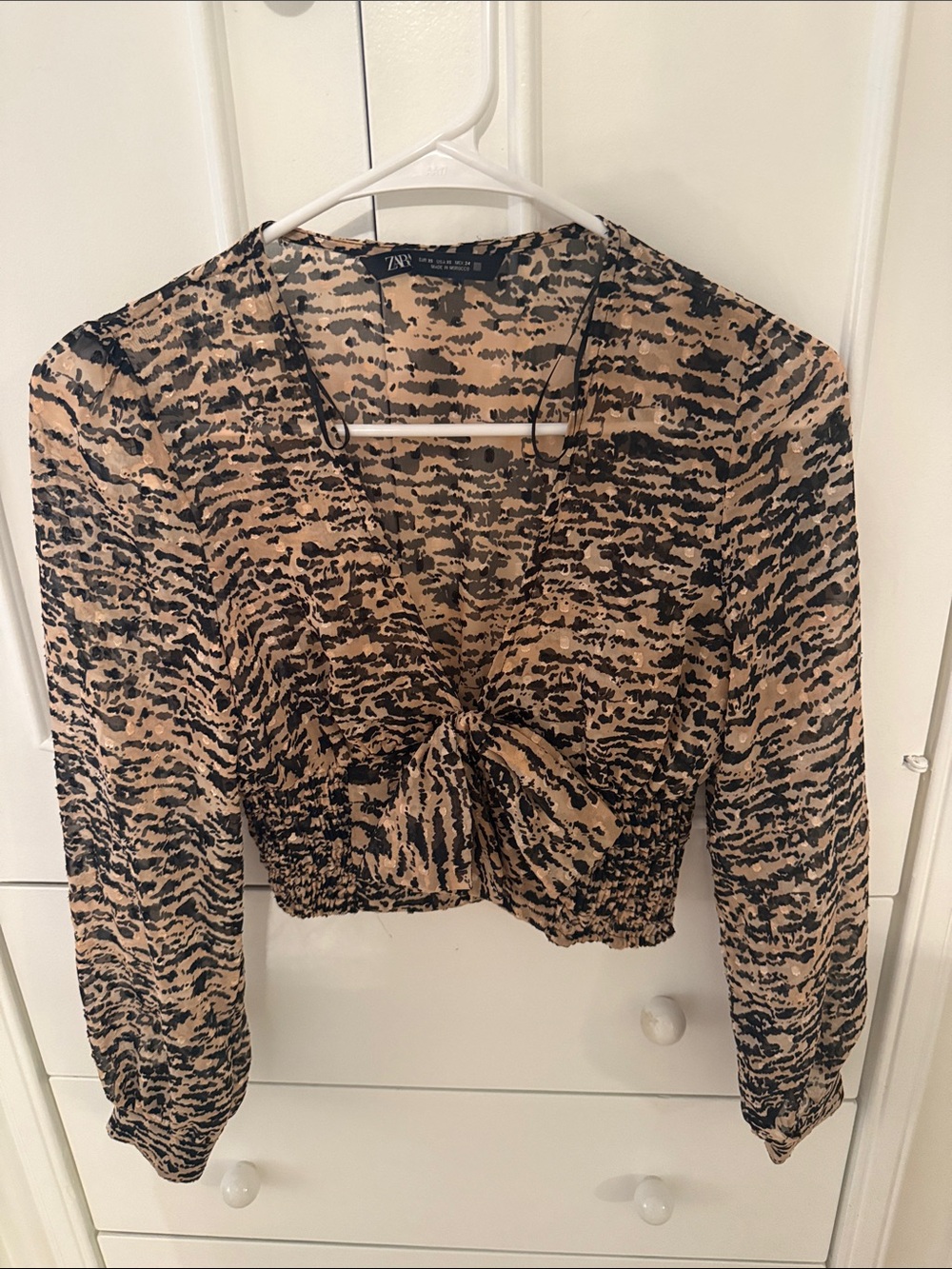 Zara Black and Beige Animal-Print Tie-Front Blouse